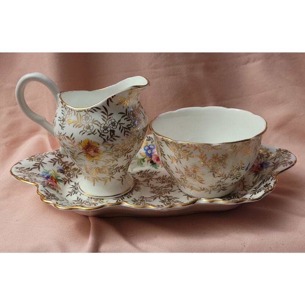 Bone China Rose and Gold Floral Sugar and Creamer Set with Tray Made in England